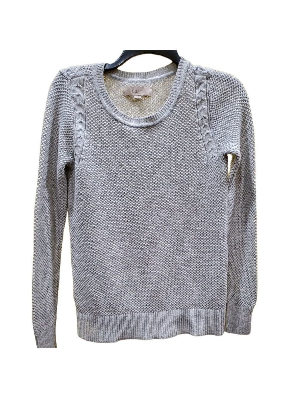 LOFT Gray Textured Knit Crewneck Sweater Small Cotton Blend Cozy
